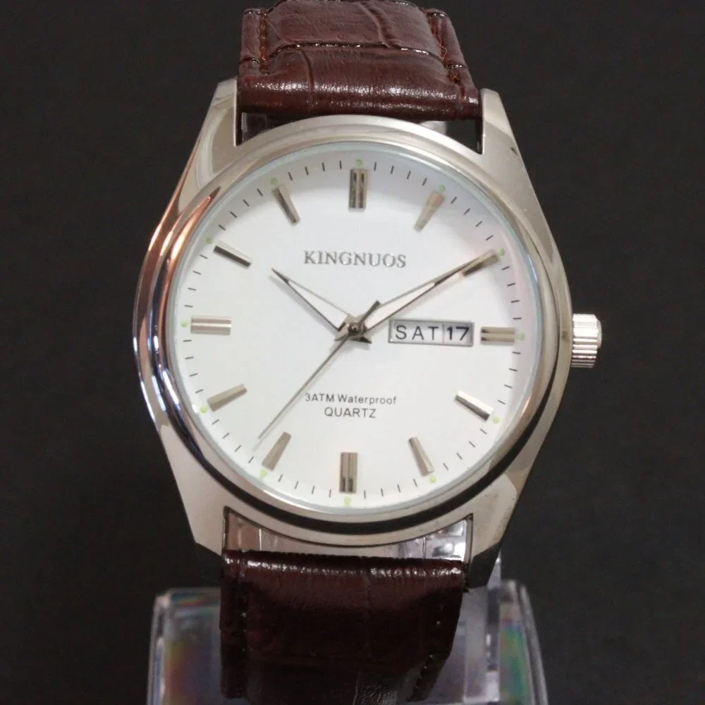 Men's Contemporary Dress Watch Silver Case Brown Leather Watch Strap 40mm - Picture 3 of 12